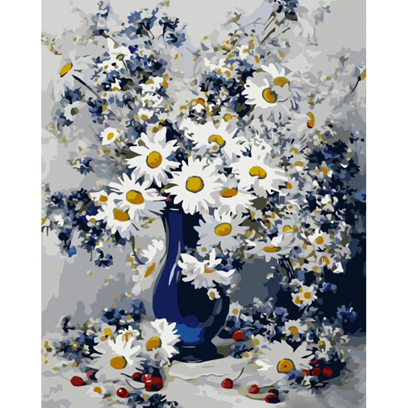 Картина по номерам Strateg ПРЕМИУМ Ромашки в синей вазе с лаком размером 40х50 см (GS1151)