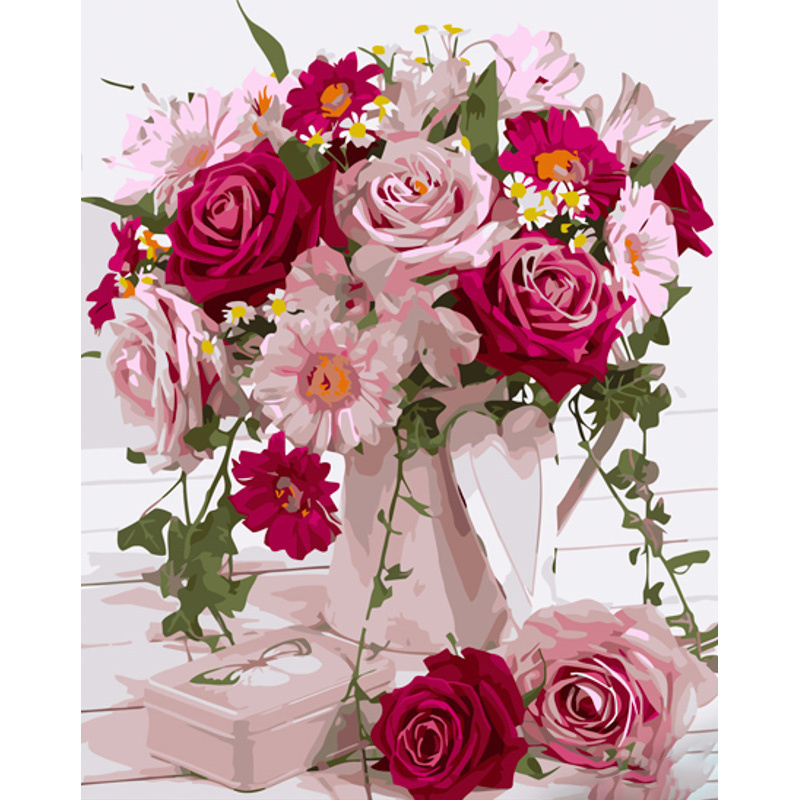 Картина за номерами Strateg ПРЕМІУМ Букет квітів у рожевих тонах з лаком розміром 40х50 см (GS1164)