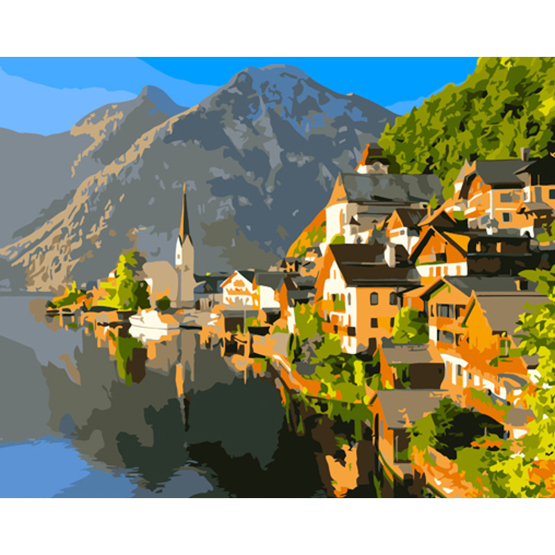 Paint by numbers Strateg PREMIUM Mountain town size 40x50 cm (GS1185)