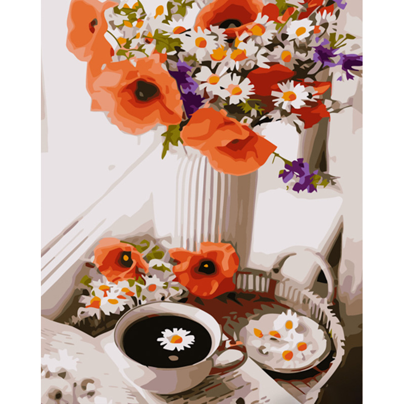 Картина за номерами Strateg ПРЕМІУМ Польові квіти з чаєм з лаком розміром 40х50 см (GS1237)