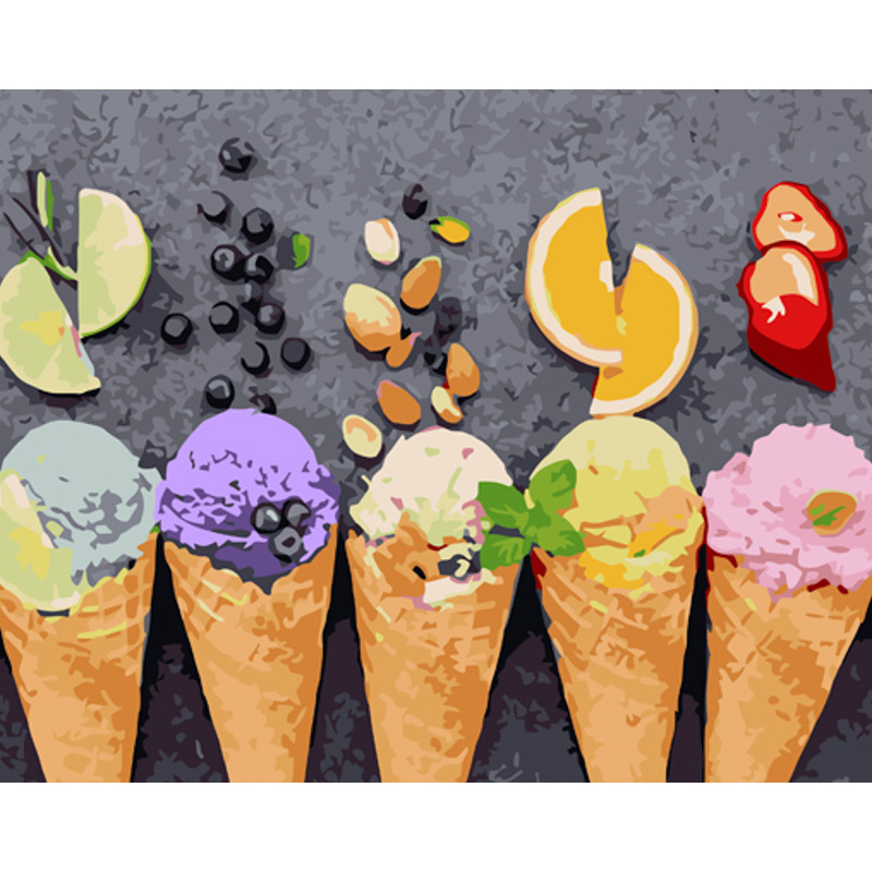 Картина за номерами Strateg ПРЕМІУМ Ріжки фруктового морозива з лаком розміром 40х50 см (GS1242)