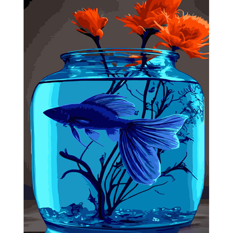 Картина за номерами Strateg ПРЕМІУМ Синя рибка з лаком розміром 40х50 см (GS1256)