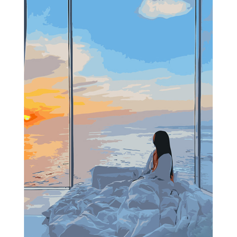 Картина за номерами Strateg ПРЕМІУМ Море за вікном з лаком розміром 40х50 см (GS1263)