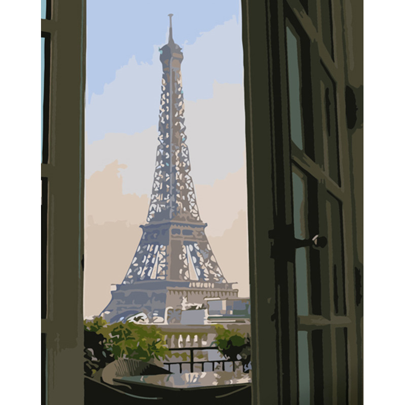 Картина за номерами Strateg ПРЕМІУМ Ейфелева вежа за вікном з лаком розміром 40х50 см (GS1269)