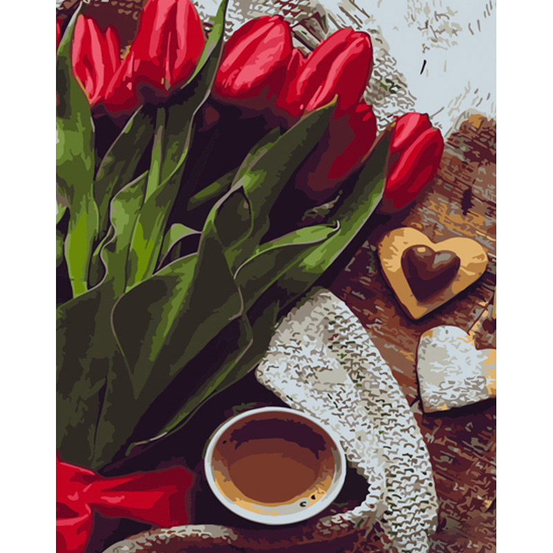 Картина за номерами Strateg ПРЕМІУМ Червоні тюльпани з кавою розміром 40х50 см (GS1270)