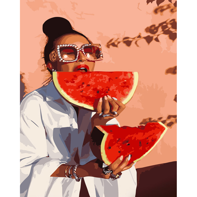 Malen nach Zahlen Strateg PREMIUM Wassermelone genießen mit Lackgröße 40x50 cm (GS1273)