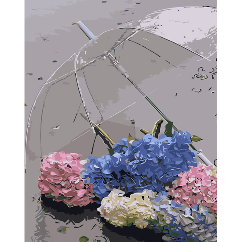 Картина за номерами Strateg ПРЕМІУМ Гортензії під зонтиком розміром 40х50 см (GS1286)