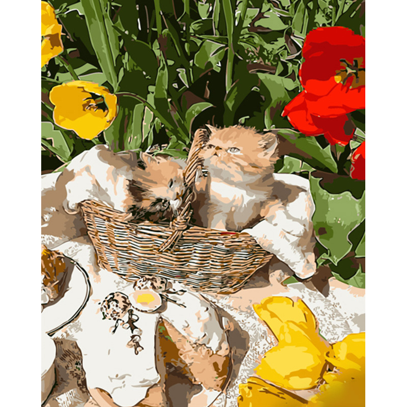 Malen nach Zahlen Strateg PREMIUM Kätzchen unter Tulpen mit Lack im Format 40x50 cm (GS1300)