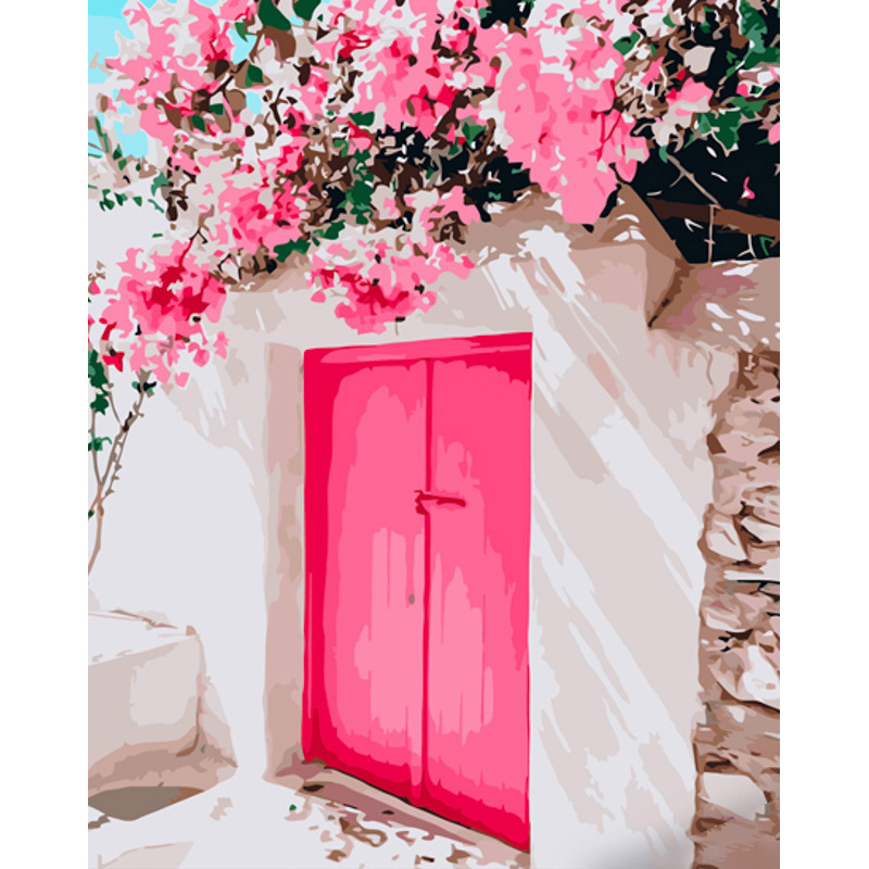 Картина за номерами Strateg ПРЕМІУМ Рожеві двері з лаком розміром 40х50 см (GS1313)