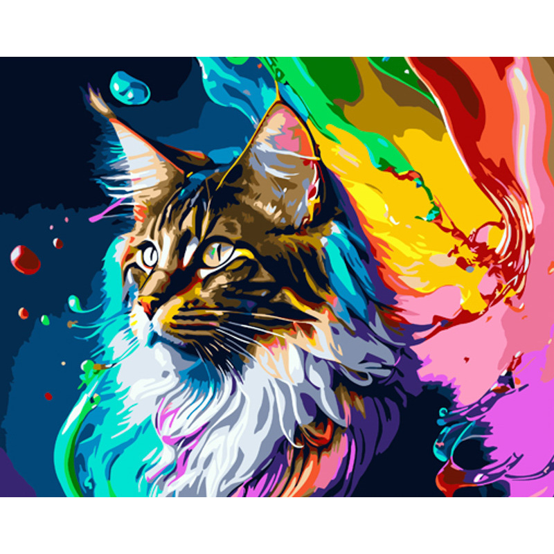 Картина за номерами Strateg ПРЕМІУМ Різнобарвний котик з лаком розміром 40х50 см (GS1339)
