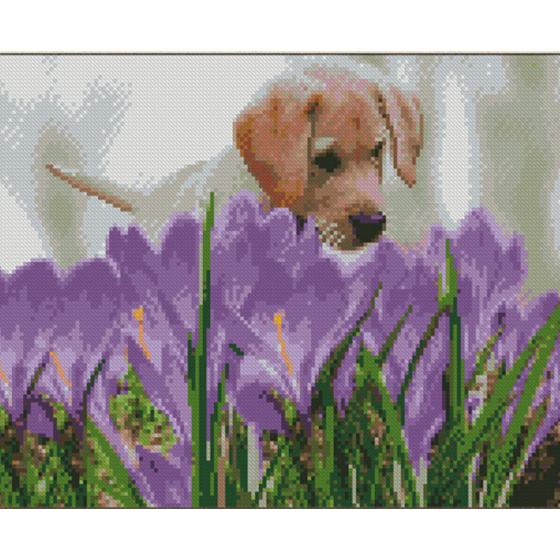 Diamantmosaik Strateg PREMIUM Hund über lila Blumen Größe 30x40 cm (KB021)