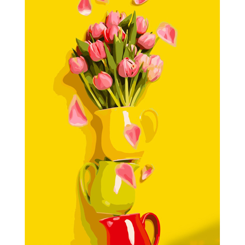 Картина по номерам Strateg ПРЕМИУМ Чашка с тюльпанами с лаком и с уровнем размером 40х50 см (GS1352)
