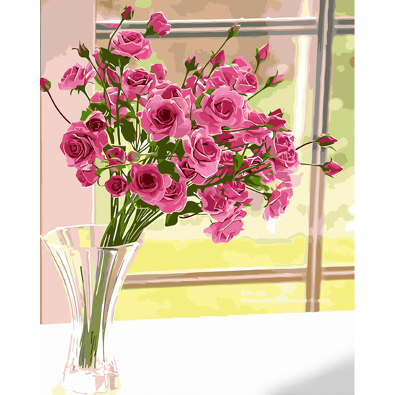 Malen nach Zahlen Strateg PREMIUM Strauß rosa Rosen mit Lack und Wasserwaage 40x50 cm (GS1354)