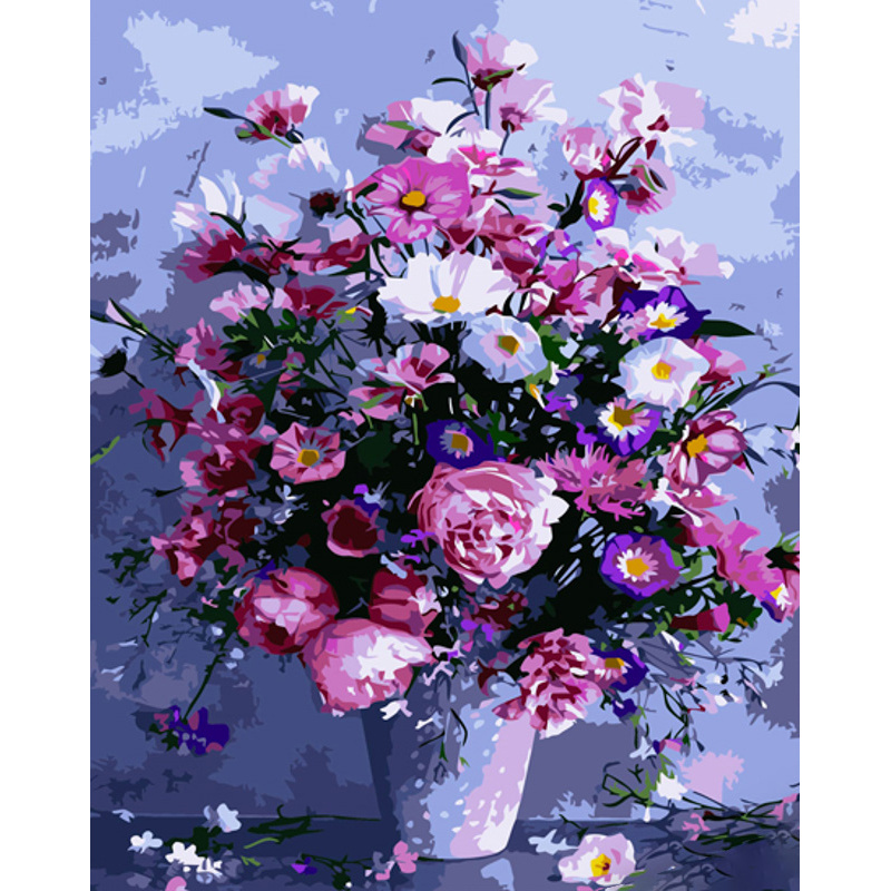 Картина за номерами Strateg ПРЕМІУМ Фіолетовий глечик з квітами з лаком та з рівнем розміром 40х50 см (GS1355)