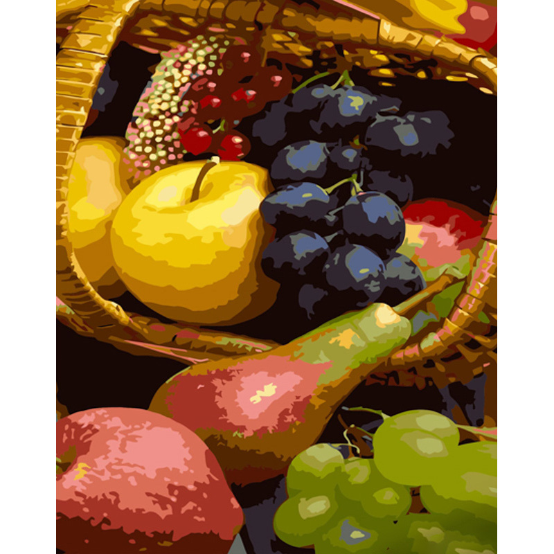 Malen nach Zahlen Strateg PREMIUM Früchte in einem Korb mit Lack und Wasserwaage 40x50 cm (GS1376)