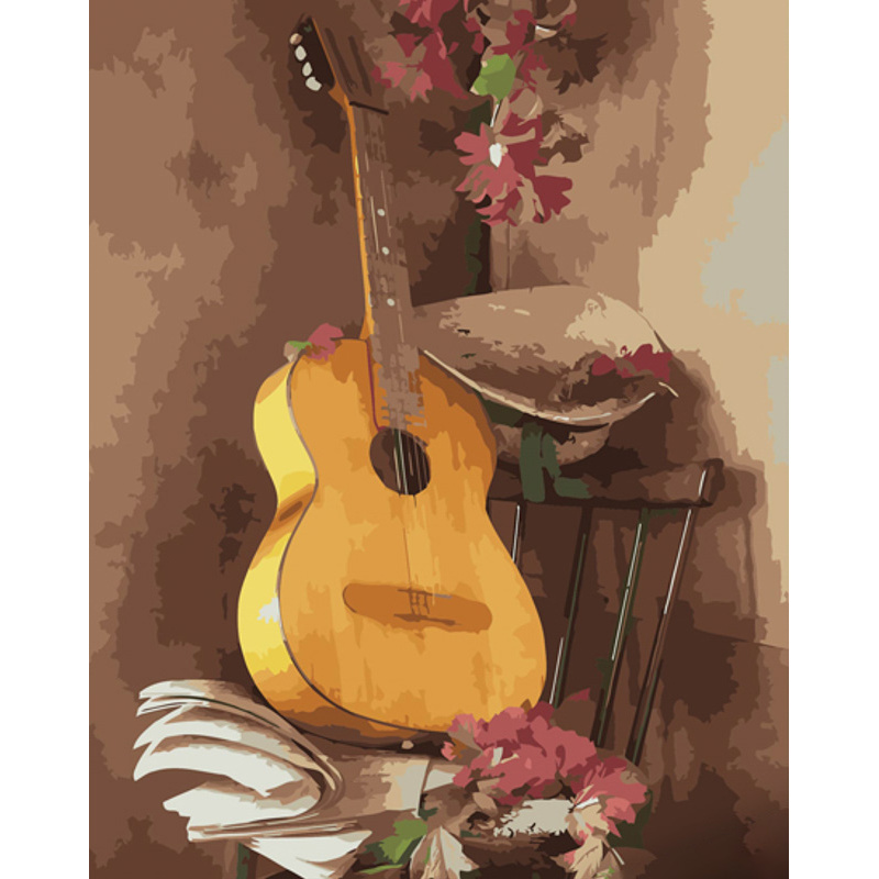 Malen nach Zahlen Strateg PREMIUM Feine Gitarre mit Lack und Wasserwaage 40x50 cm (GS1377)