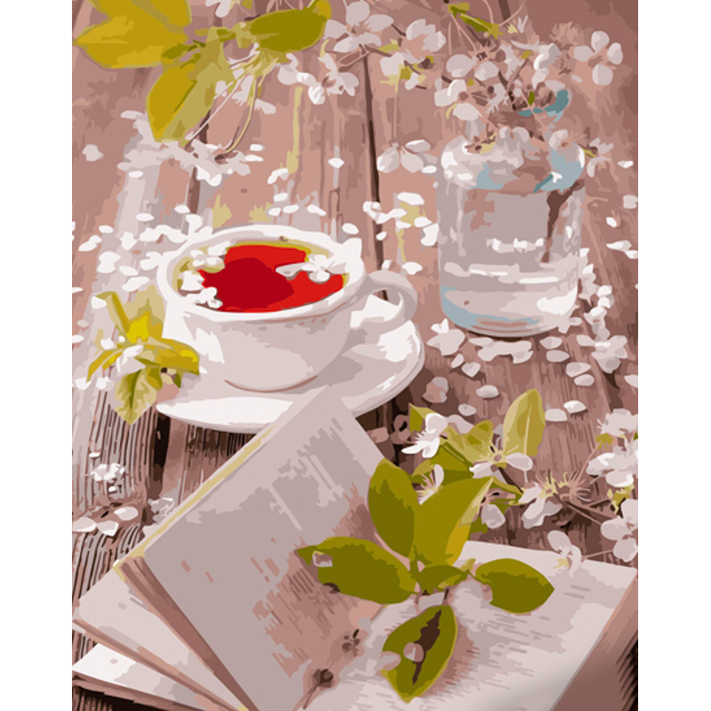 Картина за номерами Strateg ПРЕМІУМ Весняне чаювання з лаком та з рівнем розміром 40х50 см (GS1378)