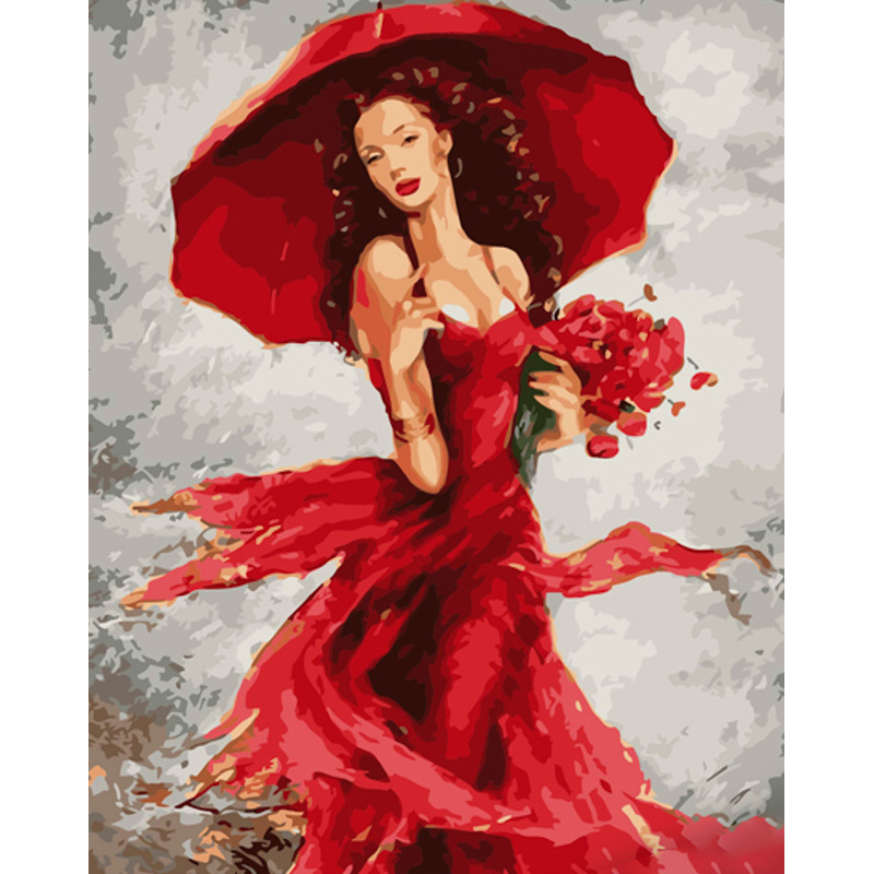 Paint by number Strateg PREMIUM Ladies in red with varnish and with an increase in size 40x50 cm (GS1382)