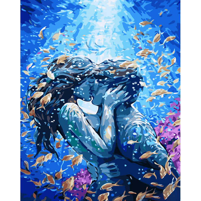 Картина за номерами Strateg ПРЕМІУМ Кохання під водою з лаком та з рівнем розміром 40х50 см (GS1390)