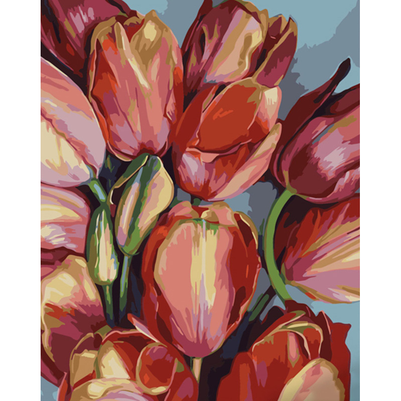 Картина за номерами Strateg ПРЕМІУМ Дивовижні тюльпани з лаком та з рівнем розміром 40х50 см (GS1396)