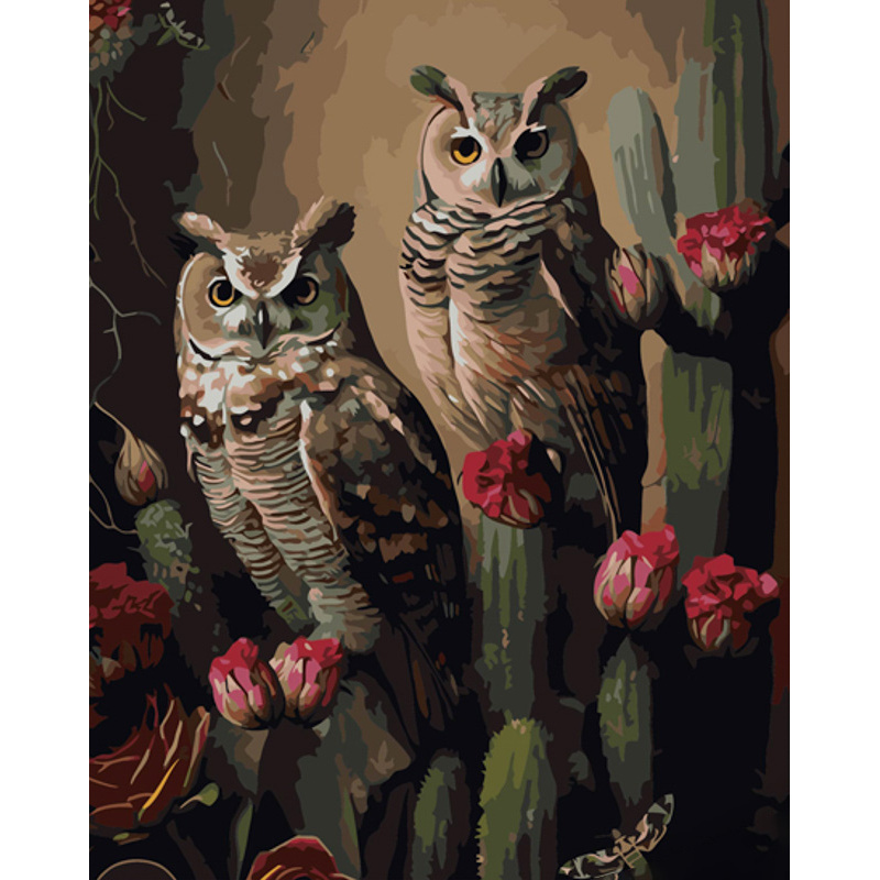 Paint by number Strateg PREMIUM Interested owls with varnish and with an increase in size 40x50 cm (GS1399)