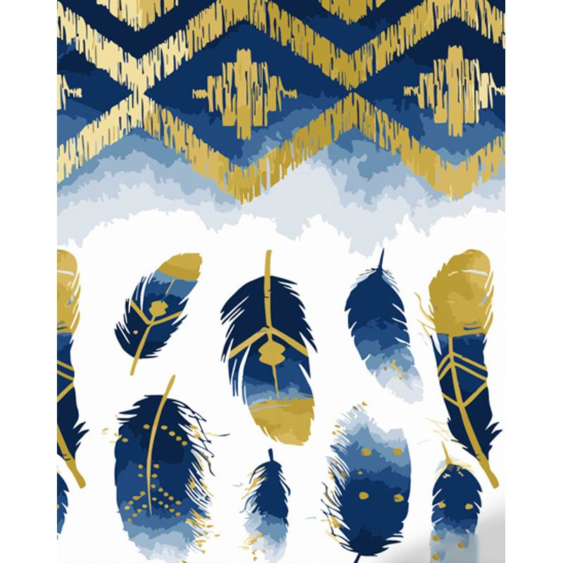 Malen nach Zahlen Strateg PREMIUM Blaue und goldene Federn mit Lack und Wasserwaage 40x50 cm (GS1417)