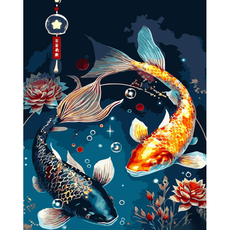 Malen nach Zahlen Strateg PREMIUM Symbol Fische mit Lack und Wasserwaage 40x50 cm (GS1421)