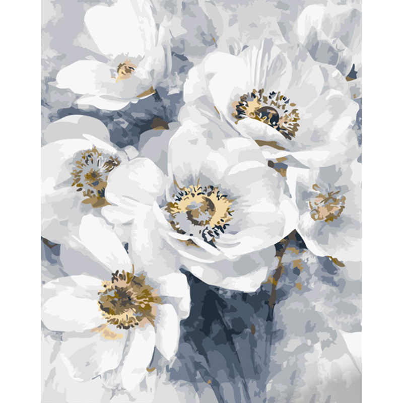 Картина за номерами Strateg ПРЕМІУМ Букет білих квітів з лаком та з рівнем розміром 40х50 см (GS1428)