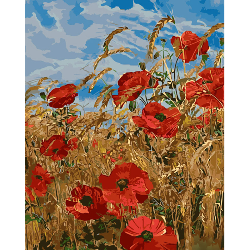 Malen nach Zahlen Strateg PREMIUM Mohnblumen in einem Weizenfeld mit Lack und Wasserwaage 40x50 cm (GS1439)