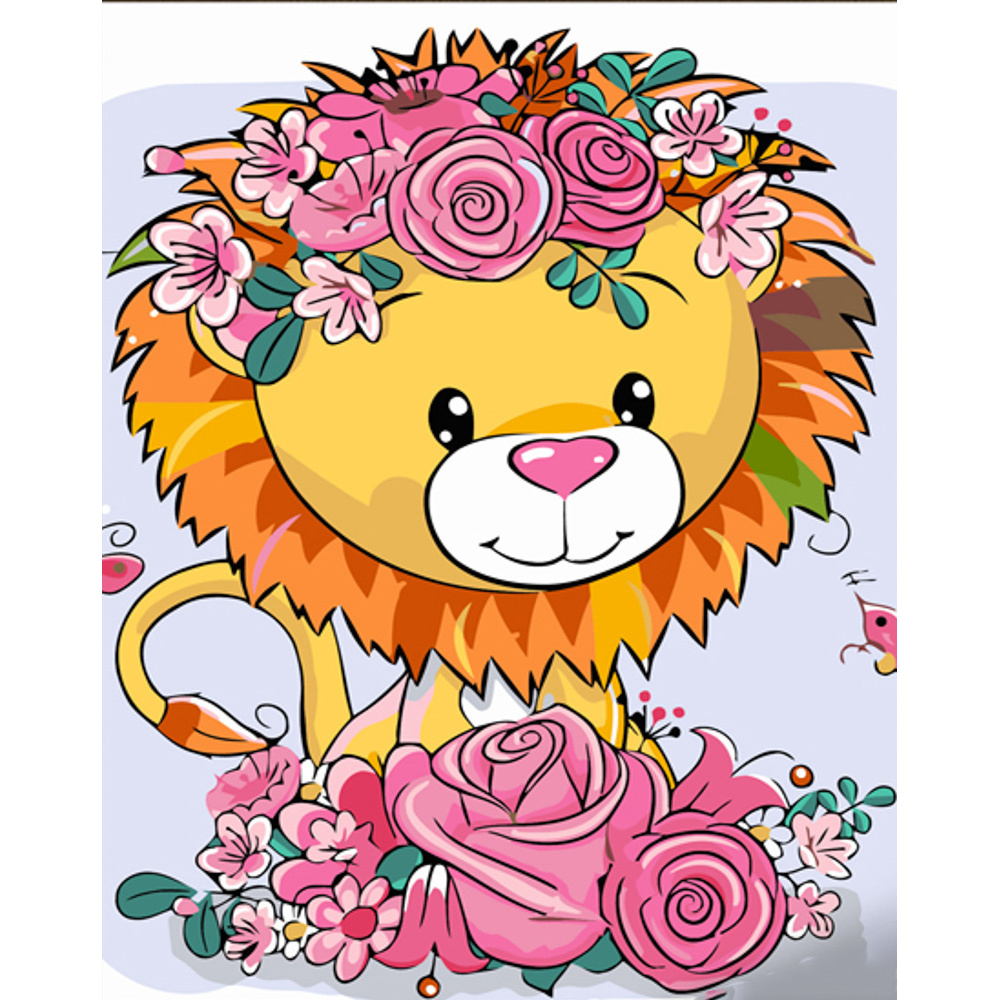 Картина за номерами Strateg ПРЕМІУМ Лев у квіточках з лаком розміром 30х40 см (SS6717)
