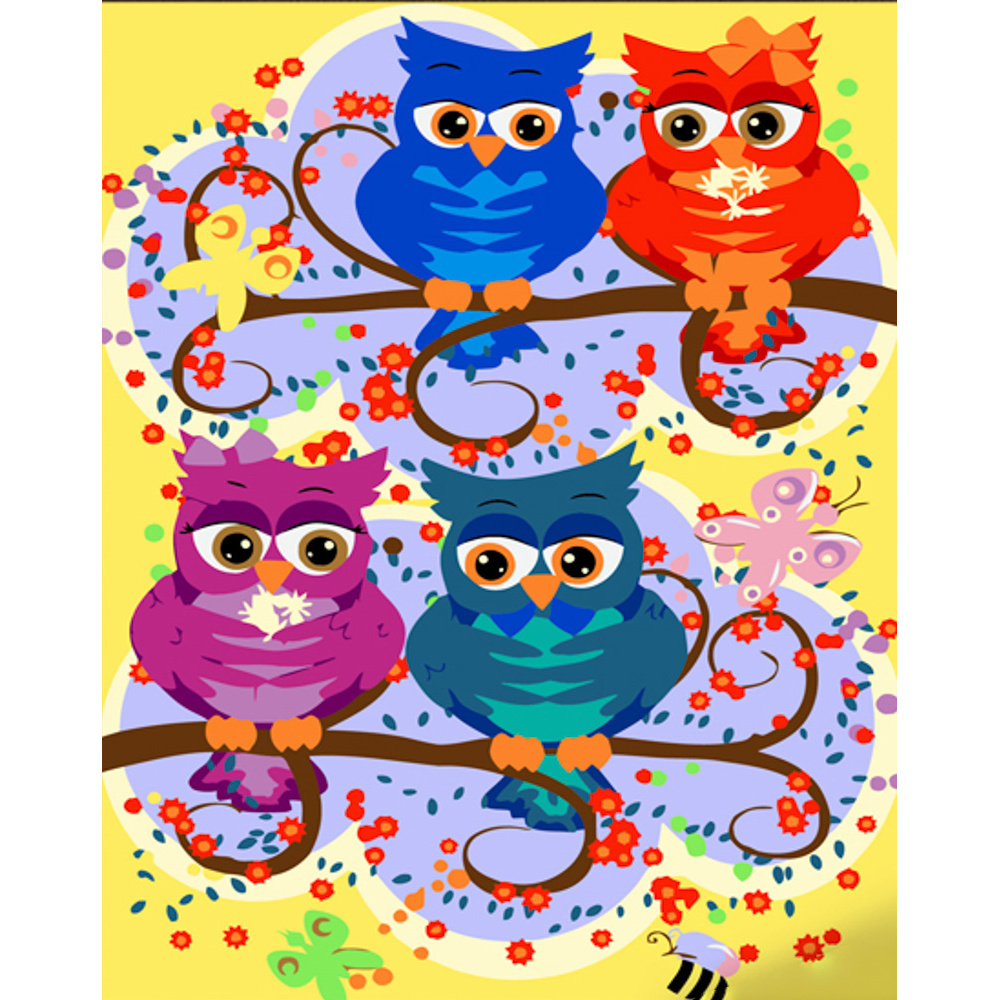 Картина по номерам Strateg ПРЕМИУМ  Разноцветные совы с лаком размером 30х40 см (SS6724)