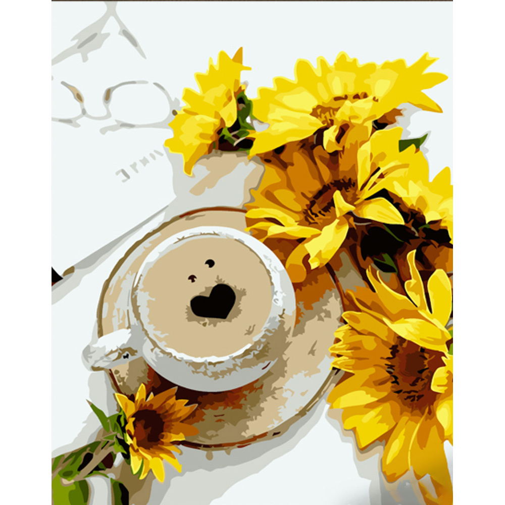 Malen nach Zahlen Strateg PREMIUM Kaffee mit Sonnenblumen mit Lackgröße 30x40 cm (SS6755)