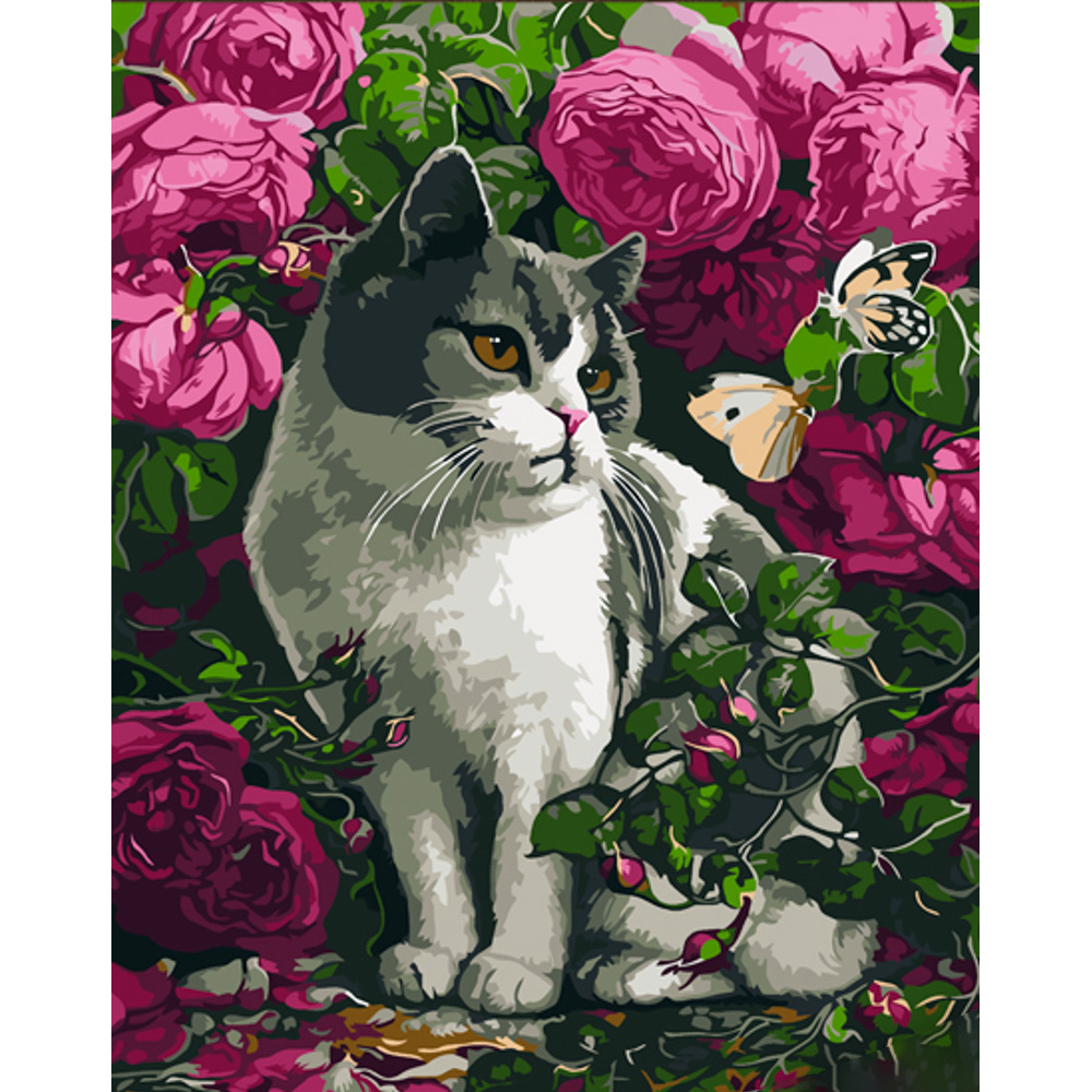 Malen nach Zahlen Strateg PREMIUM Rosen und eine Katze mit Lackgröße 30x40 cm (SS6757)