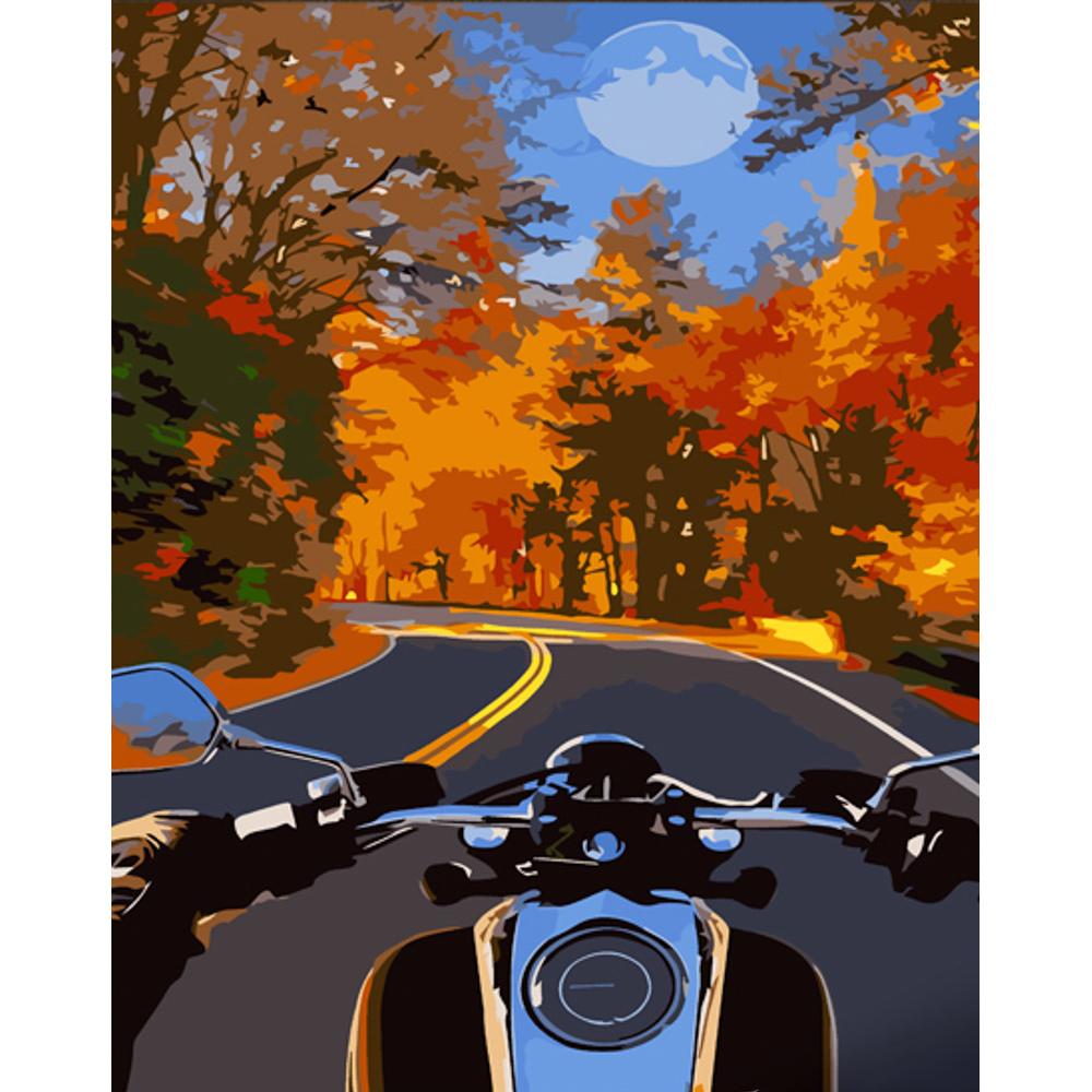 Картина за номерами Strateg ПРЕМІУМ На мотоциклі восени з лаком розміром 30х40 см (SS6761)