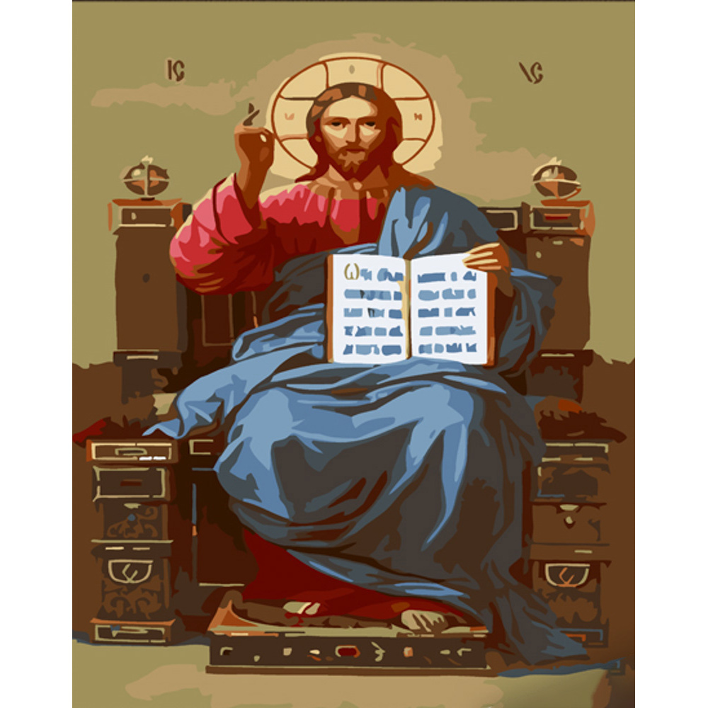 Картина за номерами Strateg ПРЕМІУМ Ісус на престолі з лаком розміром 30х40 см (SS6776)