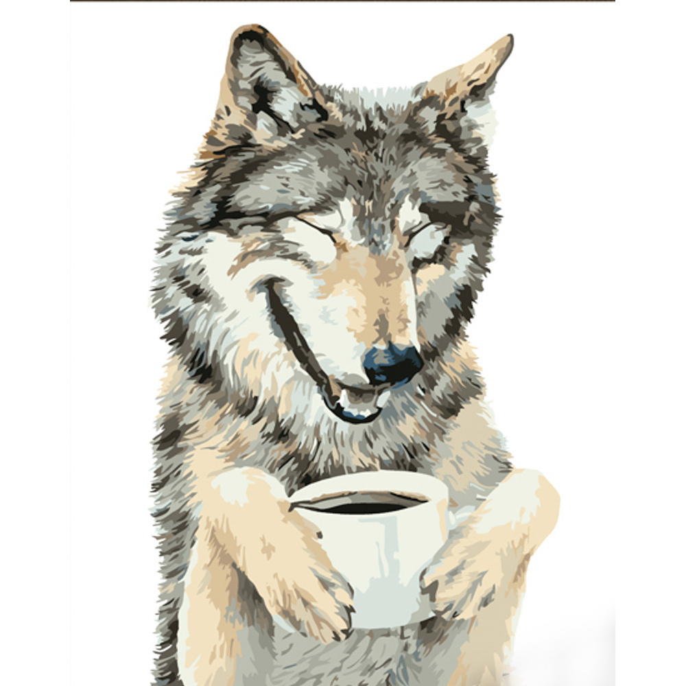 Malen nach Zahlen Strateg PREMIUM Wolf und Tasse mit Lack Größe 30x40 cm (SS6794)