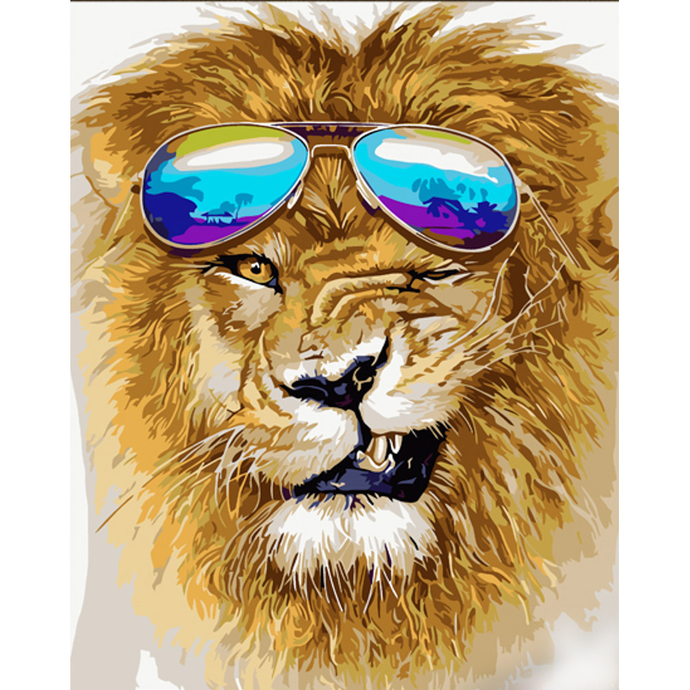 Картина за номерами Strateg ПРЕМІУМ Лев в окулярах з лаком розміром 30х40 см (SS6798)
