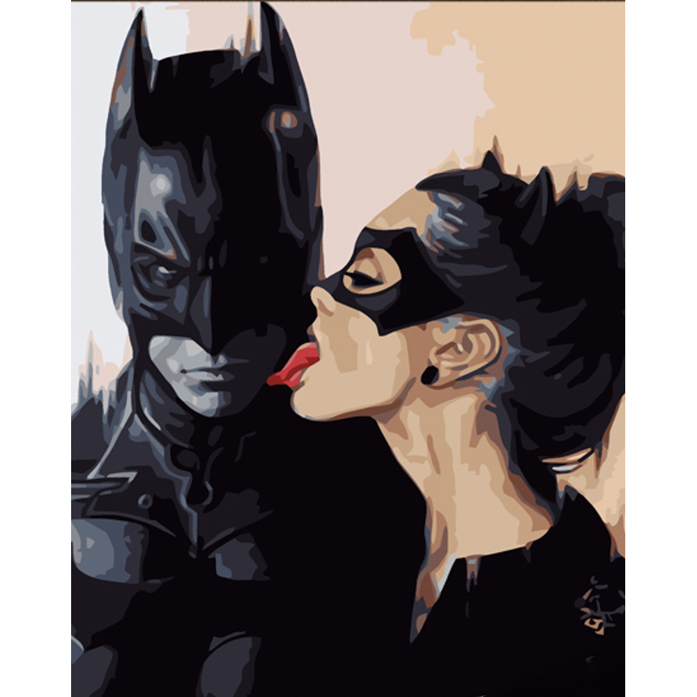 Картина за номерами Strateg ПРЕМІУМ Бетмен з жінкою-кішкою з лаком розміром 30х40 см (SS6799)