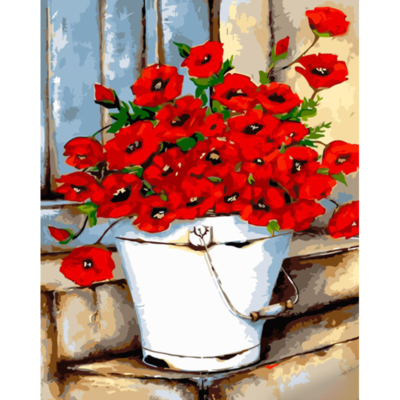 Paint by number Strateg PREMIUM Poppies in a bucket with varnish and with a spirit level 40x50 cm (GS1474)