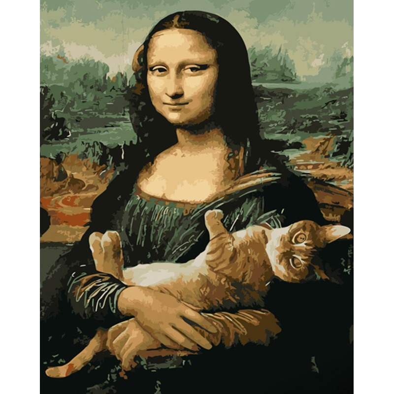 Картина за номерами Strateg ПРЕМІУМ Мона Ліза з котом з лаком та з рівнем розміром 40х50 см (GS1478)