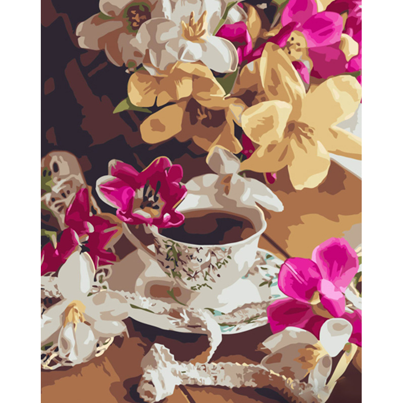 Картина по номерам Strateg ПРЕМИУМ Чай с тюльпанами с лаком и с уровнем размером 40х50 см (GS1480)