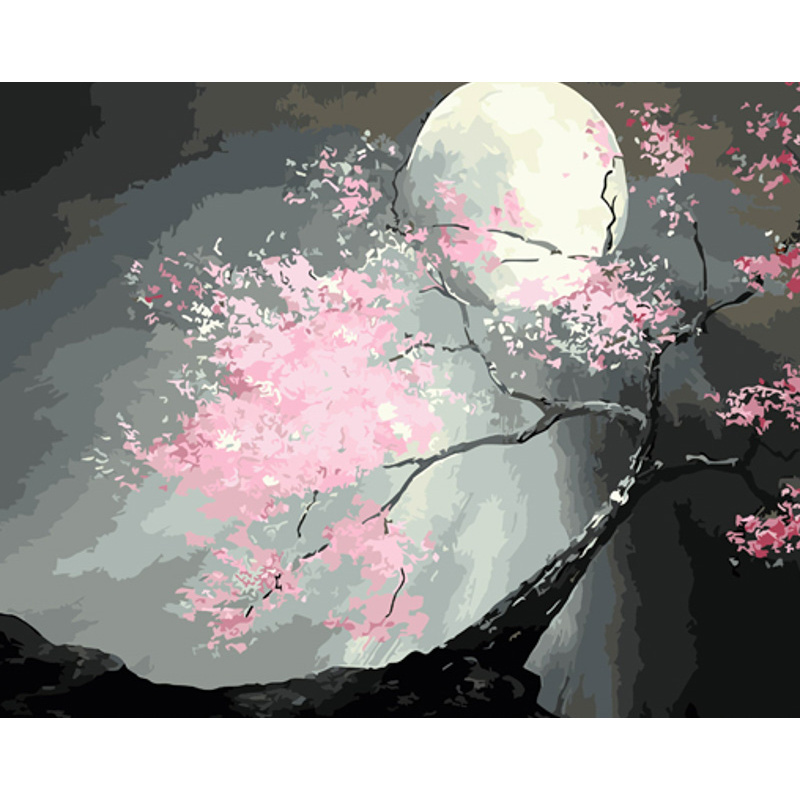 Malen nach Zahlen Strateg PREMIUM Sakura im Mond mit Lack und Wasserwaage 40x50 cm (GS1484)