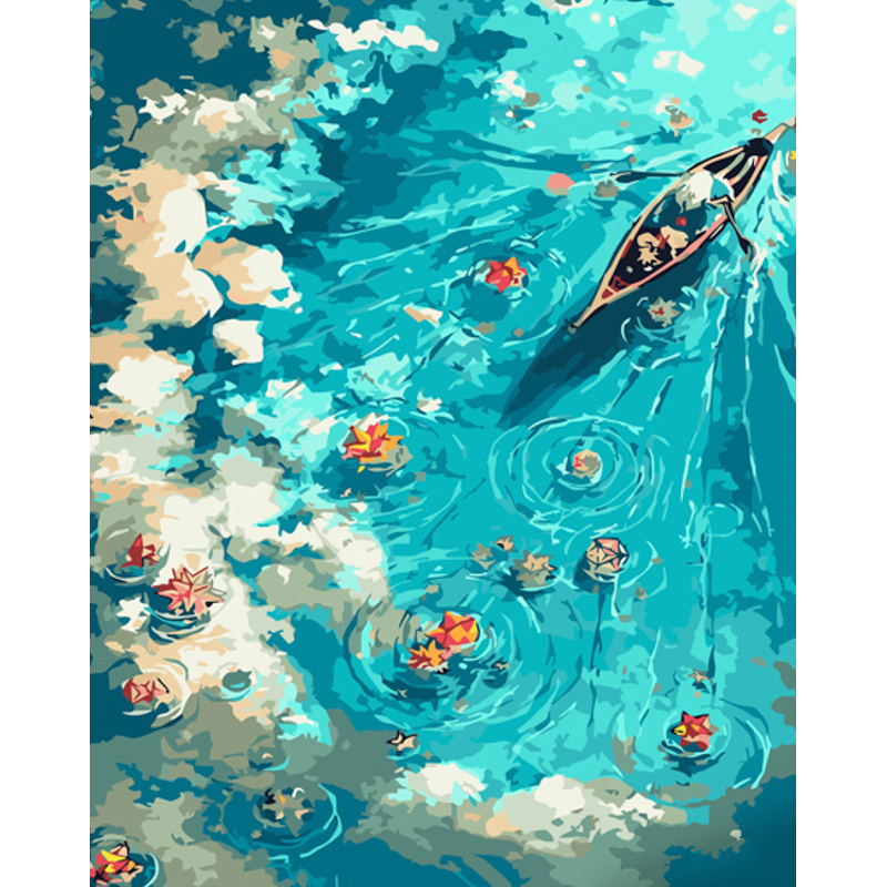 Картина за номерами Strateg ПРЕМІУМ Каноє у воді з лаком та з рівнем розміром 40х50 см (GS1506)
