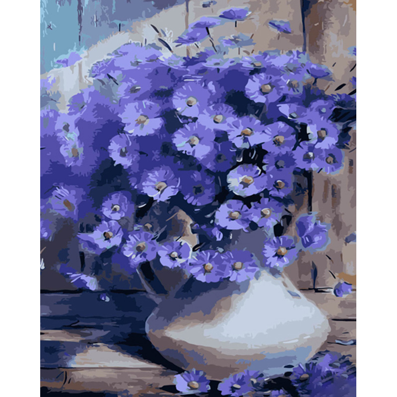 Malen nach Zahlen Strateg PREMIUM Violette Blumen mit Lack und Wasserwaage, Größe 40x50 cm (GS1512)