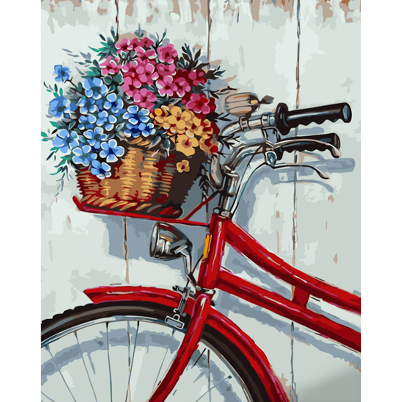 Картина за номерами Strateg ПРЕМІУМ Квіти у кошику велосипеда з лаком та з рівнем розміром 40х50 см (GS1513)