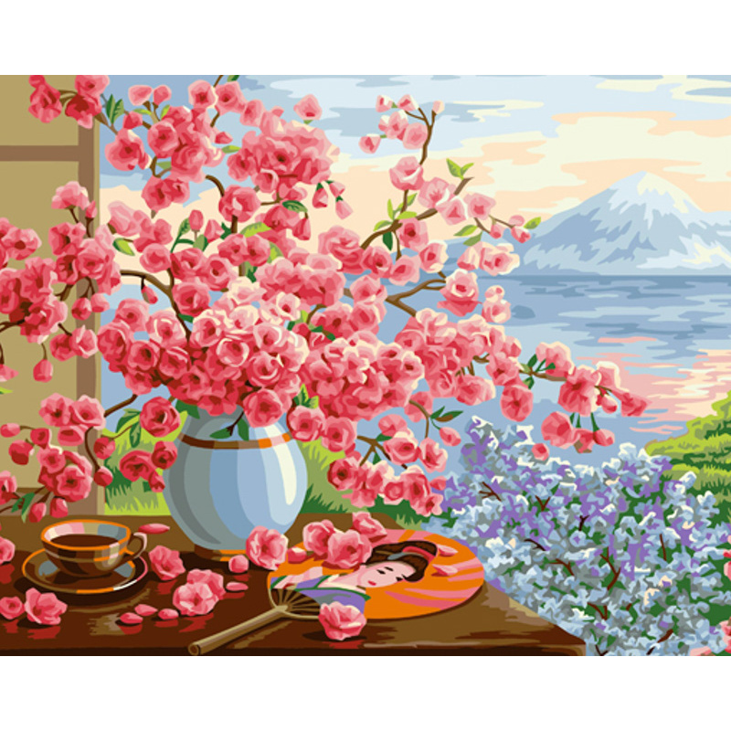 Картина за номерами Strateg ПРЕМІУМ Квіти на підвіконні з лаком та з рівнем розміром 40х50 см (GS1515)