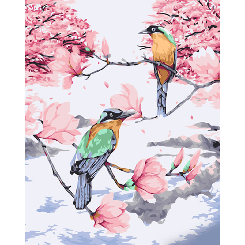 Paint by number Strateg PREMIUM Birds on magnolia with varnish and with an increase in size 40x50 cm (GS1517)