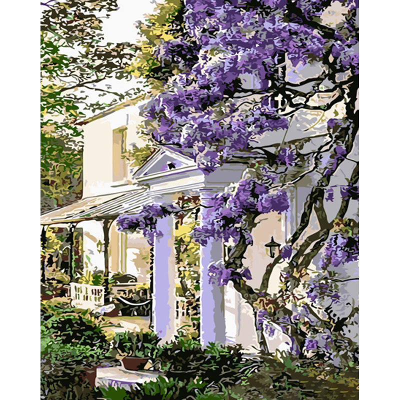 Paint by number Strateg PREMIUM Lilac near the house with varnish and with an increase in size 40x50 cm (GS1518)