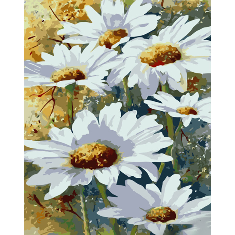 Malen nach Zahlen Strateg PREMIUM Zarte Gänseblümchenblume mit Lack und Wasserwaage, Größe 40x50 cm (GS1519)