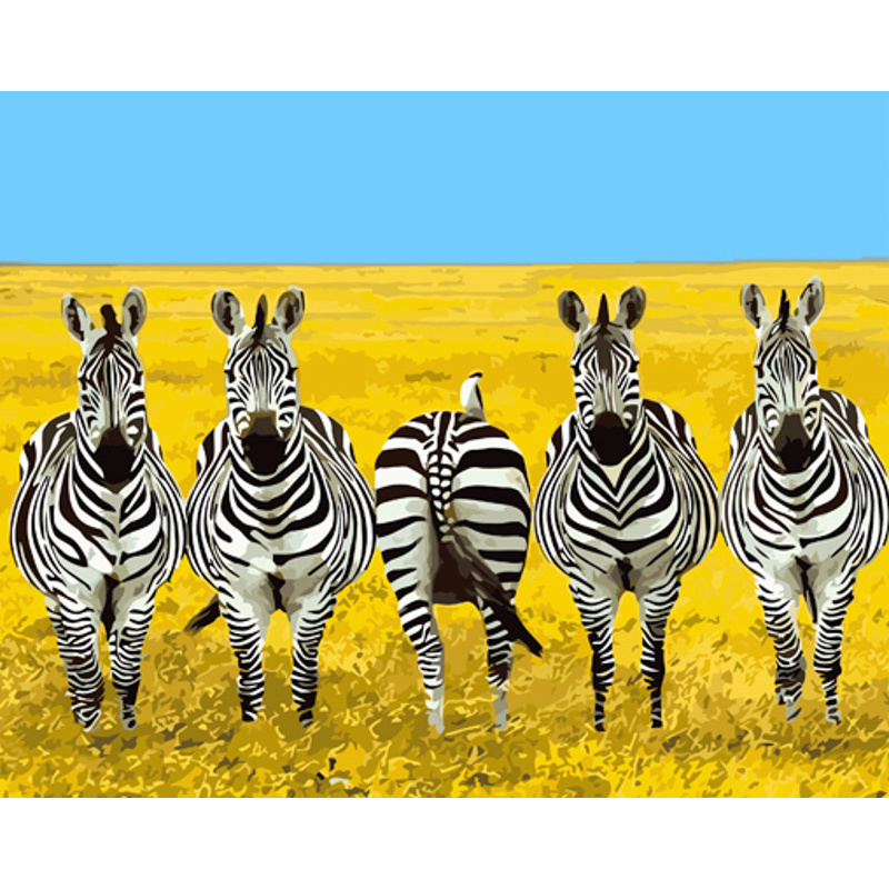 Malen nach Zahlen Strateg PREMIUM Fünf Zebras mit Lack und Wasserwaage 40x50 cm (GS1521)